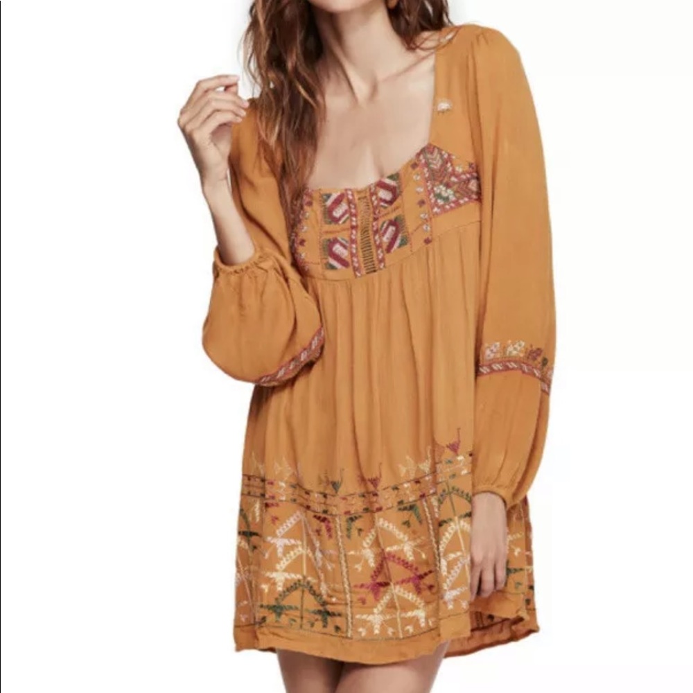 Free People Rhiannon Mustard Embroidered Dress